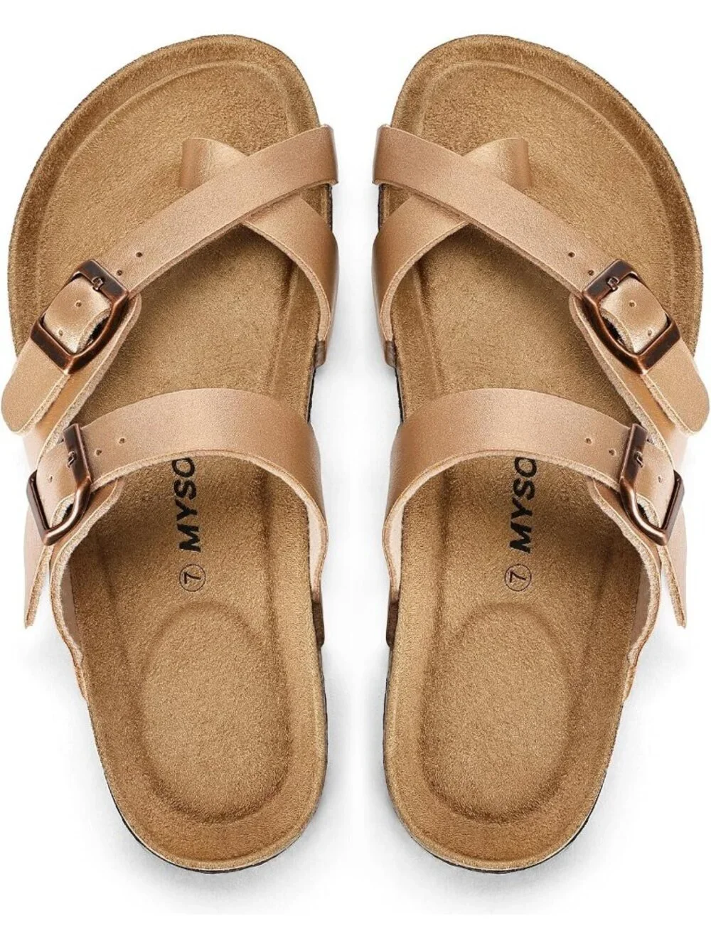 Women Rose Gold Double Adjustable Buckle Slide Cork Footbed Slip On Sandal Shoes
